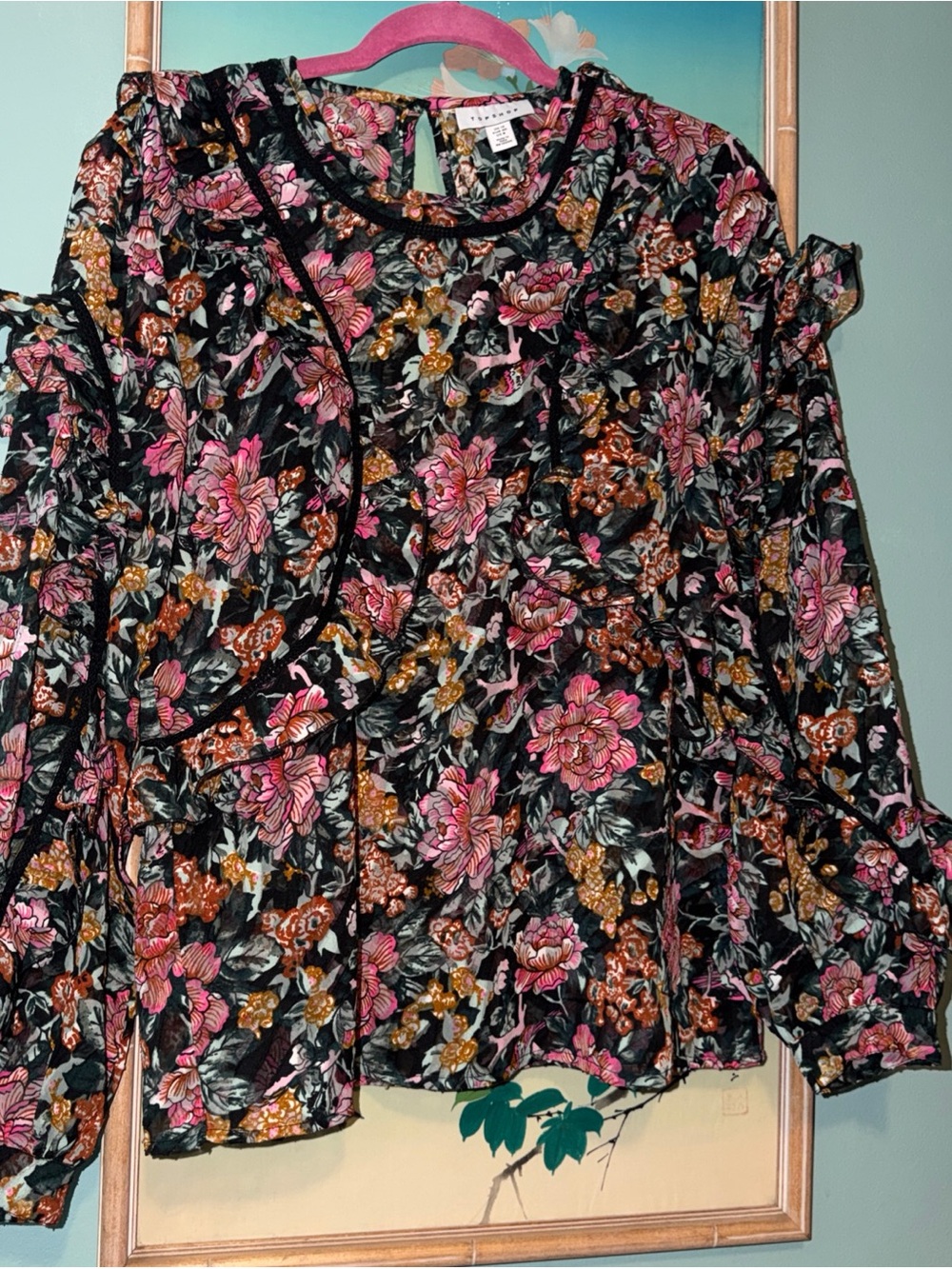 Topshop sheer Black Floral Ruffle Blouse with Pink and Gold Flowers
